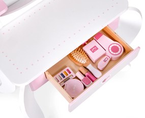 ECOTOYS Detská drevená toaletka so zrkadlom, stoličkou a 7 doplnkami