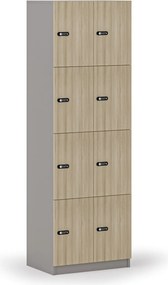 Drevená šatníková skrinka S4 s úložnými boxmi, 8 boxov, demont, mechanický kódový zámok, sivá/dub prírodný