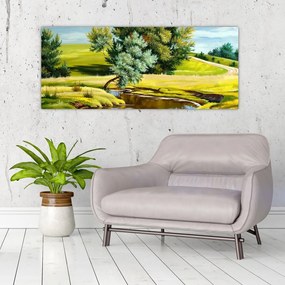 Obraz - Rieka medzi lúkami, olejomaľba (120x50 cm)