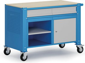 Pojazdný dielenský stôl G9, 1 polica, 1 skrinka, 2 zásuvky, 1180 x 595 x 865-1130 mm, sivá/modrá