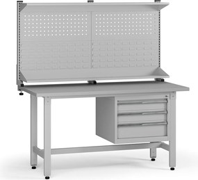 Výškovo nastaviteľný dielenský stôl G5 s nadstavbou, 1500 x 750 x 800-1000 mm, 1x kontajner, 3 zásuvky, sivá