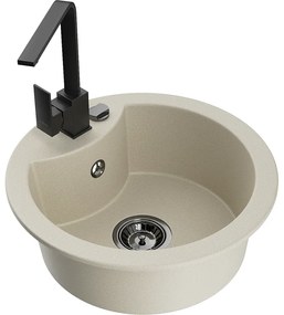 Mexen Diego, 1-komorový granitový drez 488x488x167 mm, čierny sifón, čierna matná batéria Rita, béžová, 6512-69-670300-70