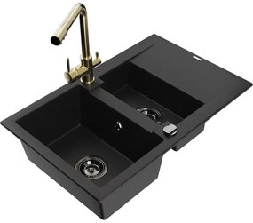 Mexen Gaspar, granitový drez 737x475x177 mm, 1,5-komorový, zlatá batéria Duero, čierna, 6507-77-671600-50-B