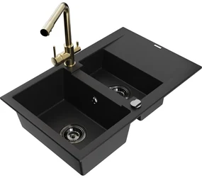 Mexen Gaspar, granitový drez 737x475x177 mm, 1,5-komorový, zlatá batéria Duero, čierna, 6507-77-671600-50-B