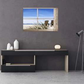 Obraz - Okno v výhľadom na pláž (90x60 cm)