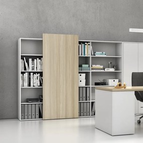 Kancelársky regál s posuvným panelom BLOCK, 1600 × 400 × 1748 mm, prírodný dub/grafitová