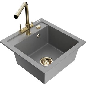 Mexen Vito, 1-komorový granitový drez 520x490x210 mm, zlatá batéria Duero, šedá, 6503-71-671600-50