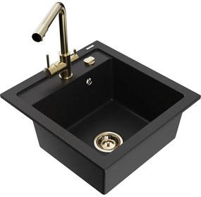 Mexen Vito, 1-komorový granitový drez 520x490x210 mm, zlatá batéria Duero, čierna, 6503-77-671600-50