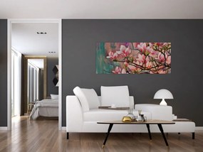 Obraz - Olejomaľba, Rozkvitnutá sakura (120x50 cm)