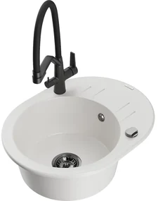 Mexen Kevin, granitový drez 586x458x190 mm, 1-komorový a biela batéria Duo, biela, 6517-20-671701-70-B