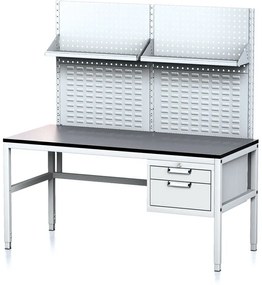 Alfa 3 Nastaviteľný dielenský stôl MECHANIC II s perfopanelom a policami, 2 zásuvkový box na náradie, 1600x700x745-985 mm, sivá/sivá