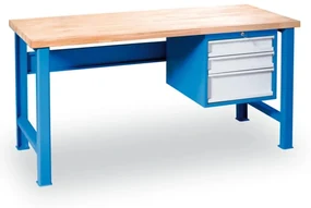 Dielenský pracovný stôl GD so závesným boxom na náradie, buková škárovka, 3 zásuvky, 2000 x 800 x 850 mm, modrá
