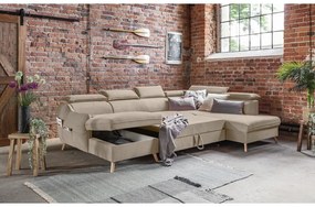 Béžová zamatová rozkladacia rohová pohovka do "U" (pravý roh) Sweet Harmony – Miuform