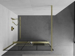 Mexen Kioto+, sprchová zástena Walk-In s poličkou a vešiakom 100 x 200 cm, 8mm číre sklo čierny vzor, zlatý matný profil, 800-100-121-55-77