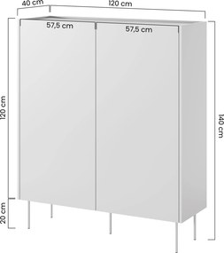Vysoká komoda Desin 120 cm s dvoma dverami a skrytými zásuvkami - keramická červená / dub nagano