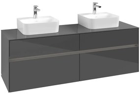 VILLEROY &amp; BOCH Collaro závesná skrinka pod dve umývadlá na dosku, 4 zásuvky, s LED osvetlením, 1600 x 500 x 548 mm, Glossy Grey, C107B0FP