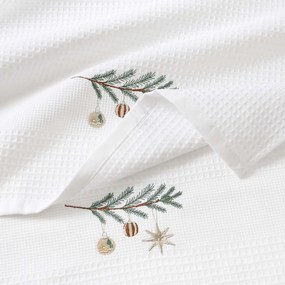 Goldea vianočná kuchynská vaflová utierka s výšivkou - baňky na vetve na bielom 50 x 70 cm