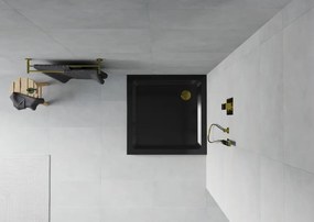 Mexen SLIM - Štvorcová sprchová vanička 90x90x5cm + zlatý sifón, čierna, 40709090G