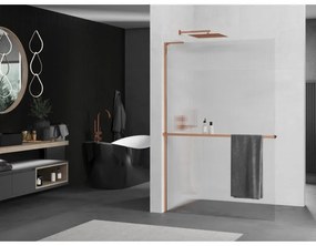 Mexen Kioto+ L, sprchová zástena Walk-In s poličkou a vešiakom 70 x 200 cm, 8mm sklo s rebrovým vzorom, ružové zlato profil, 800-070-123-60-09