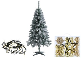 Livarno home Zasnežený umelý vianočný stromček, 150 cm + Svetelná LED reťaz, teplá biela + Ozdoby, zlaté (800010998)