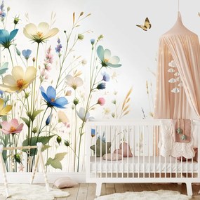 Tapeta pastelové kvety a lietajúce motýle