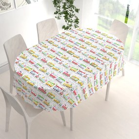 Biante Detský bavlnený oválny obrus Sandra SA-328 Vláčik so zvieratkami na bielom 140x220 cm