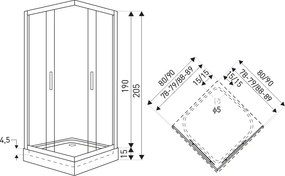Novoterm Štvorcový sprchový kút NV-Soho 80x80 čierna/ornamentálne sklo - bez vaničky