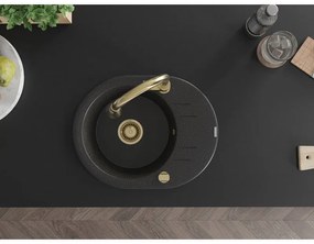 Mexen Kevin, 1-komorový granitový drez 586x458x190 mm a drezová batéria Elia, čierna-strieborná metalíza, 6517-73-670101-50