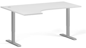 Rohový výškovo nastaviteľný stôl, 160x120 cm, 2 motory, L/P, sivá podnož, biela