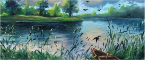 Obraz - Olejomaľba, Letný podvečer pri jazere (120x50 cm)