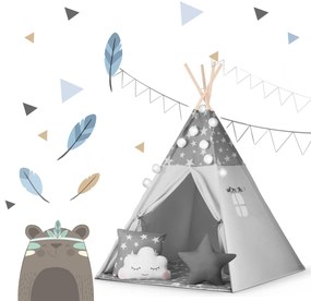 Detský stan teepee s girlandou a svetlami Nukido - sivý s hviezdičkami