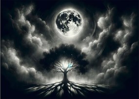 Sklenený obraz – Čiernobiely strom v splne (70x50 cm)