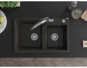 Mexen Tomas, 2-komorový granitový drez 800x500x190 mm  a kuchynská batéria Duo, čierna-zlatá metalíza, 6516-75-671701-07