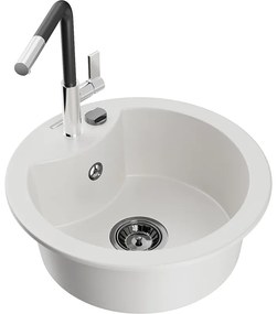 Mexen Diego, 1-komorový granitový drez 488x488x167 mm a drezová batéria Flora, biela, 6512-20-670401-07-B