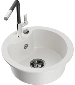 Mexen Diego, 1-komorový granitový drez 488x488x167 mm a drezová batéria Flora, biela, 6512-20-670401-07-B