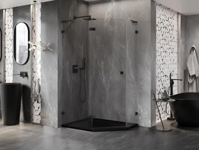 Mexen Lunar, L päťuholníkový sprchový kút naklápací doľava 100 x 80 cm, 8mm číre sklo, čierny profil, 831L-100L-080P-70-00-L