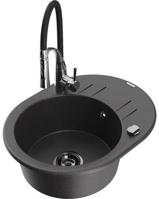Mexen Kevin, 1-komorový granitový drez 586x458x190 mm a drezová batéria Aster, čierna škvrnitá, 6517-76-73450-07-B