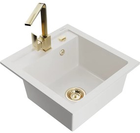 Mexen Vito, 1-komorový granitový drez 520x490x210 mm, zlatá batéria Rita, biela, 6503-20-670300-50