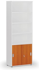 Kombinovaná kancelárska skriňa PRIMO WHITE, zasúvacie dvere na 2 poschodia, 800 x 420 x 2128 mm, biela/čerešňa