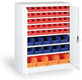 Skriňa s plastovými boxami BASIC - 1150 x 400 x 920 mm, 32xA/12xB/4xC, sivá/modré dvere
