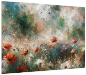 Sklenený obraz – Abstrakcia poľa s makmi (70x50 cm)