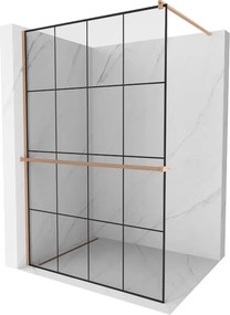 Mexen Kioto+, sprchová zástena Walk-In s poličkou a vešiakom 130 x 200 cm, 8mm číre sklo čierny vzor, medený matný profil, 800-130-121-65-77