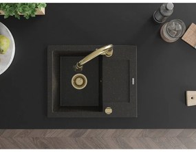 Mexen Enzo, 1-komorový granitový drez 576x465x174 mm a drezová batéria Elia, čierna-zlatá metalíza, 6506-75-670101-50