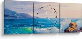 Obraz vĺn narážajúcich na útesy, olejomaľba (s hodinami) (90x30 cm)