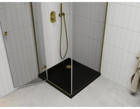 Mexen Roma, sprchovací kút s 1-krídlovými dverami 90 (dvere) x 90 (stena) cm, 6mm číre sklo, zlatý profil, slim sprchová vanička 5cm čierna, 854-090-090-50-00-4070G