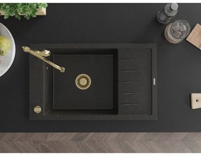 Mexen Elias, granitový drez 795x480x200 mm, 1-komorový a drezová batéria Carla, čierna-zlatá metalíza, 6511-75-670700-50