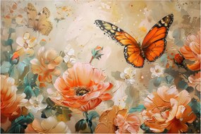 Obraz - Motýľ a kvety, olejomaľba (90x60 cm)