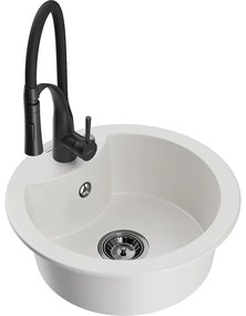 Mexen Diego, 1-komorový granitový drez 488x488x167 mm a drezová batéria Aster, biela, 6512-20-73450-70-B