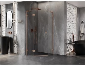 Mexen Lunar, L päťuholníkový sprchový kút naklápací doľava 90 x 90 cm, 8mm číre sklo, profil medená matná, 831L-090L-090P-65-00-L