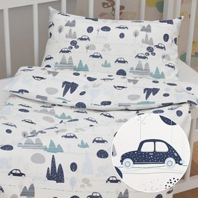 Biante Detské bavlnené posteľné obliečky do postieľky Sandra SA-685 Modré autá medzi stromami na bielom Do postieľky 90x120 a 40x60 cm